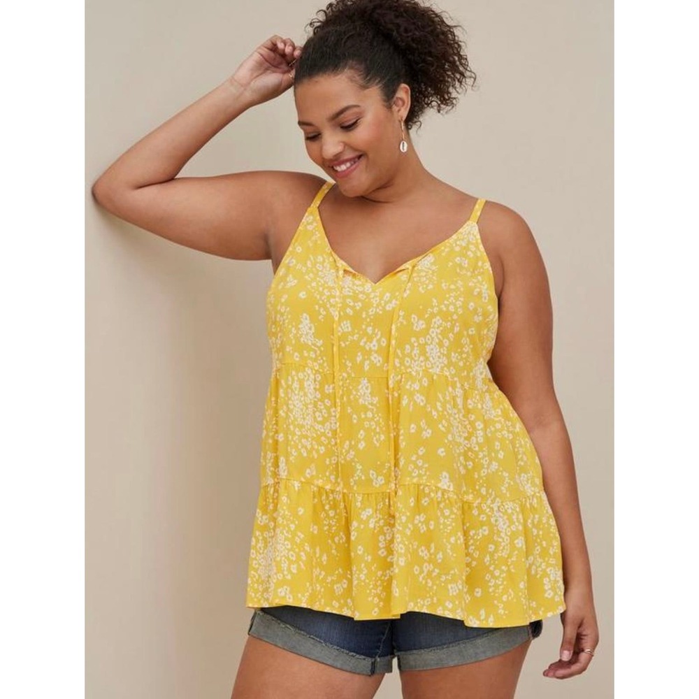 Torrid Women's White Yellow Challs Tiered Tie Front Cami Tops Size 0,L,12 NWT
